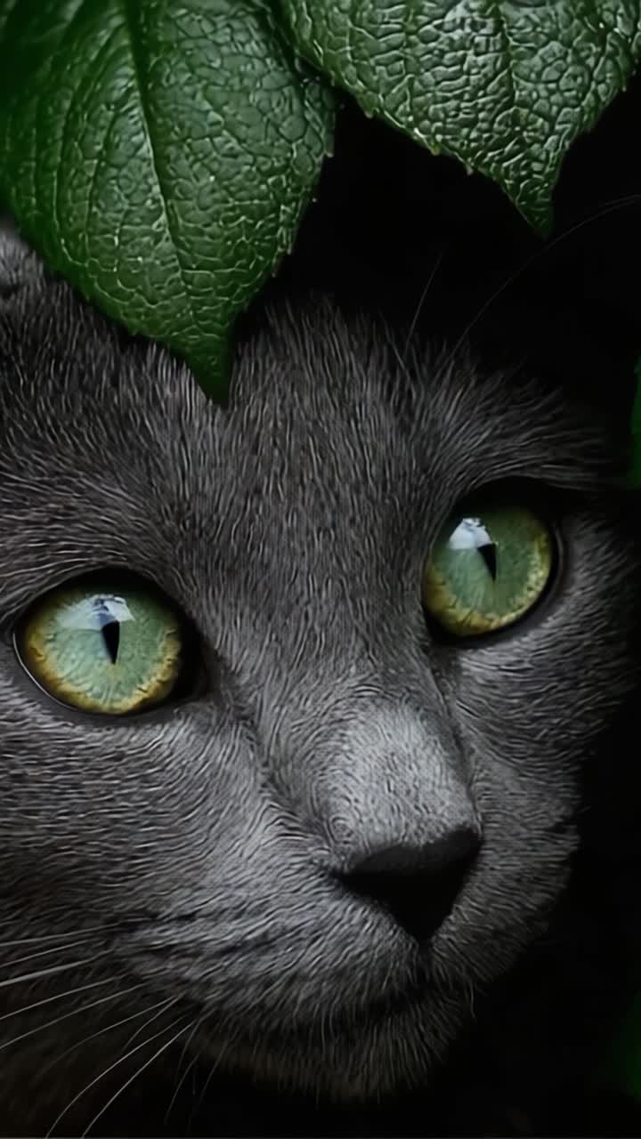 Un gatto mistico tra foglie verdi: Accattivante primo piano di un felino sereno con occhi verdi penetranti, circondato da un fogliame rigoglioso in un ambiente naturale.
