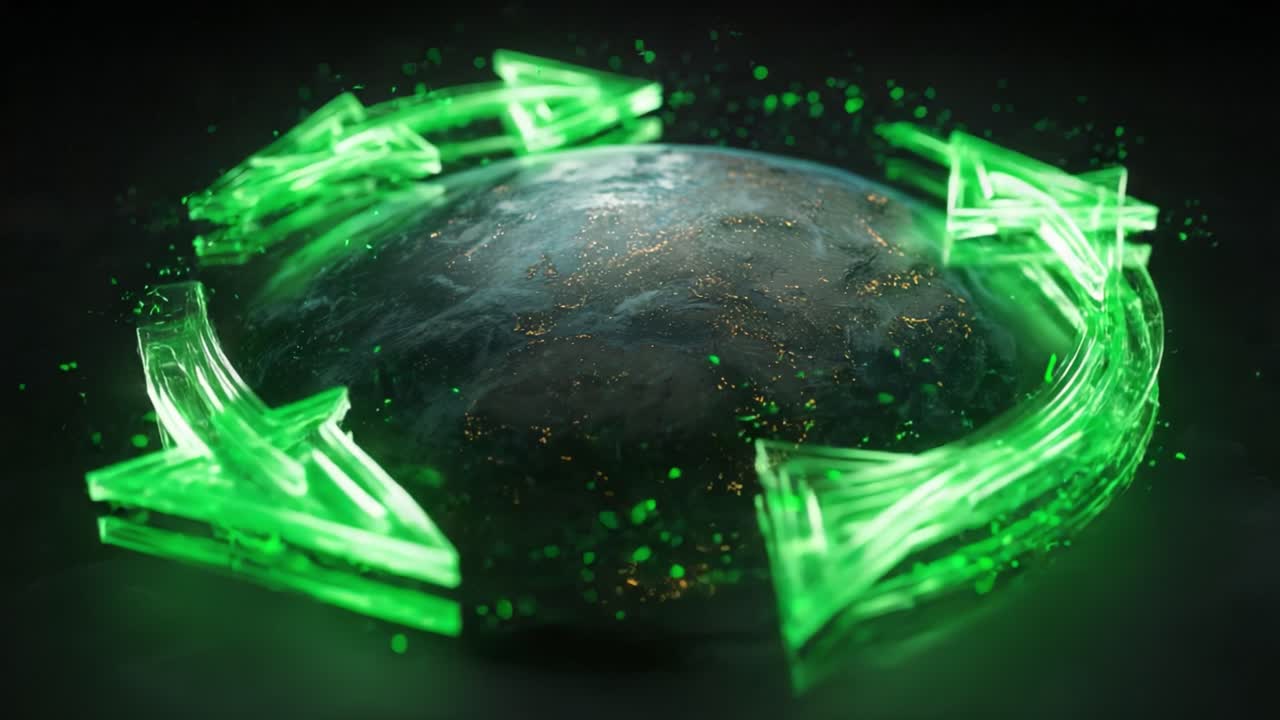 Glowing green glass arrows forming a recycling symbol rotate around a realistic planet Earth, symbolizing global commitment to sustainability, renewable resources, and environmental conservation