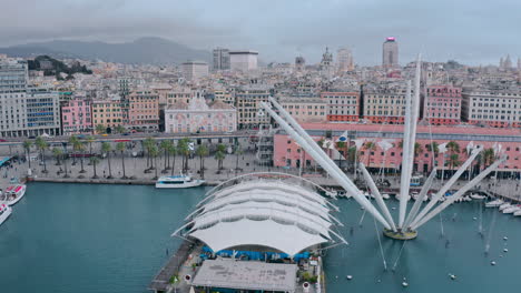 Famous-Bigo-tourist-attraction-at-Porto-Antico-,-Genoa---aerial-view