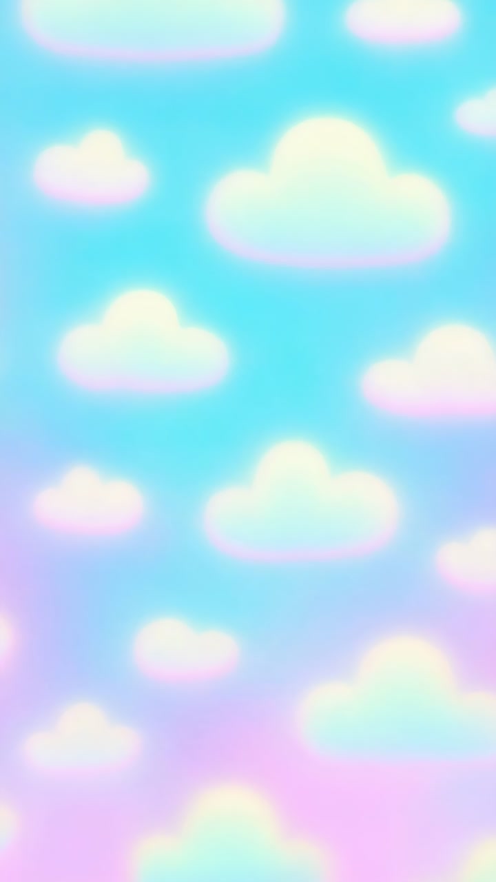 Dreamy pastel clouds float against a blue sky, captured from a low angle