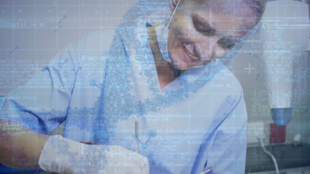 animación del hilado de cadenas de adn y procesamiento de datos médicos sobre una dentista caucásica