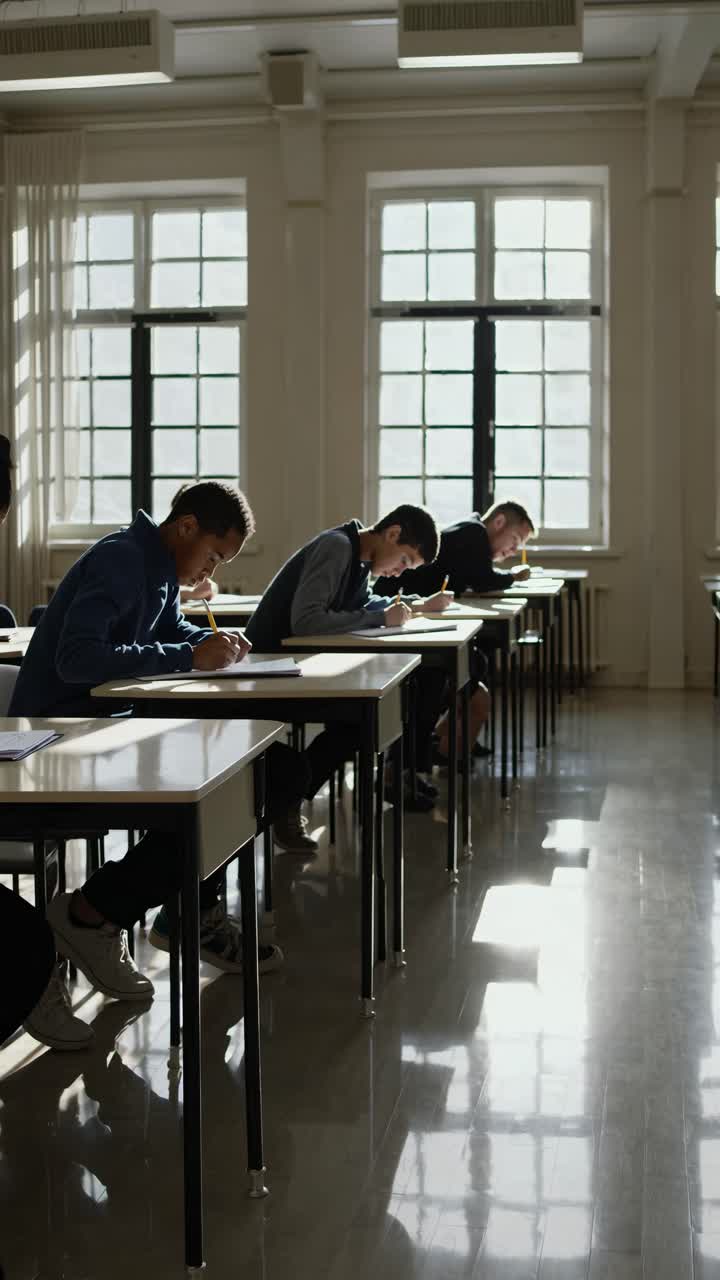 Un fotogramma video di studenti che fanno un esame in un'aula illuminata dal sole. Scatto da un angolo laterale.