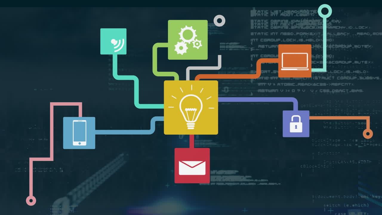 animación del procesamiento de datos y la red de conexiones con codificación binaria en segundo plano