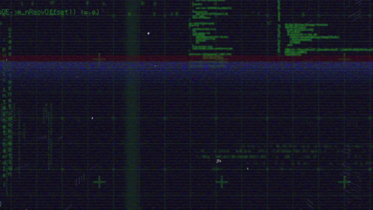 Opening screen initiating green grid appearing with scrolling code and glitching into matrix rain