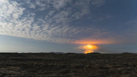 volcano eruption timelapse in iceland, crater spew thick smog over reykjanes peninsula