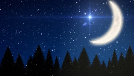 animation of snow falling over crescent moon, stars and christmas trees on blue background