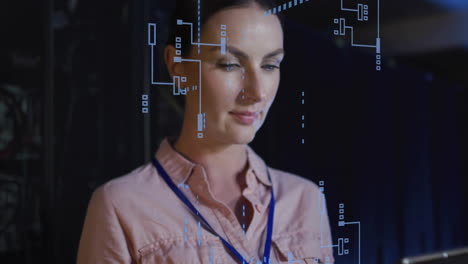 animation of circuit board and data processing over caucasian female it engineer by computer servers