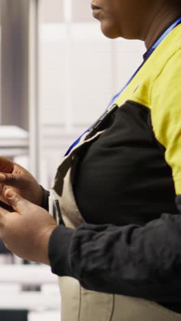 vertical video engineer in smart factory oversees robotic assembly lines using tablet app