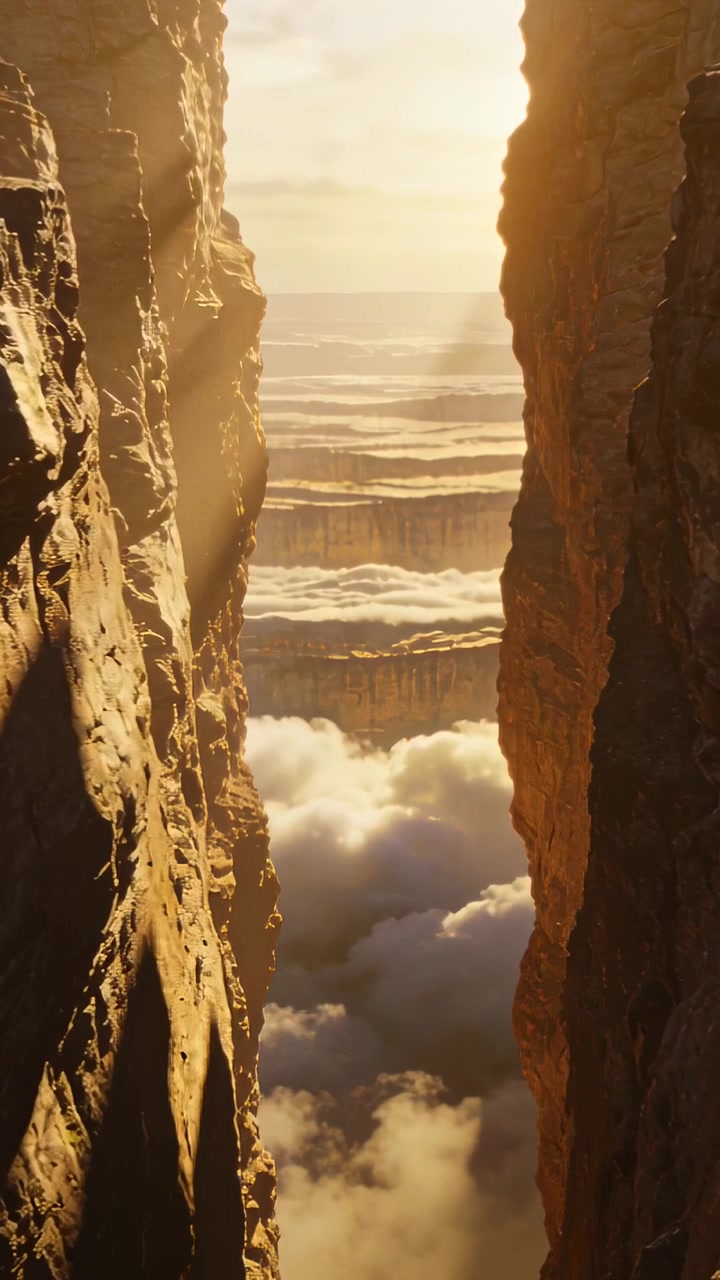Video verticale: Leggero movimento della telecamera che rivela una fessura centrale del canyon all'ora d'oro, con raggi di sole e nuvole.