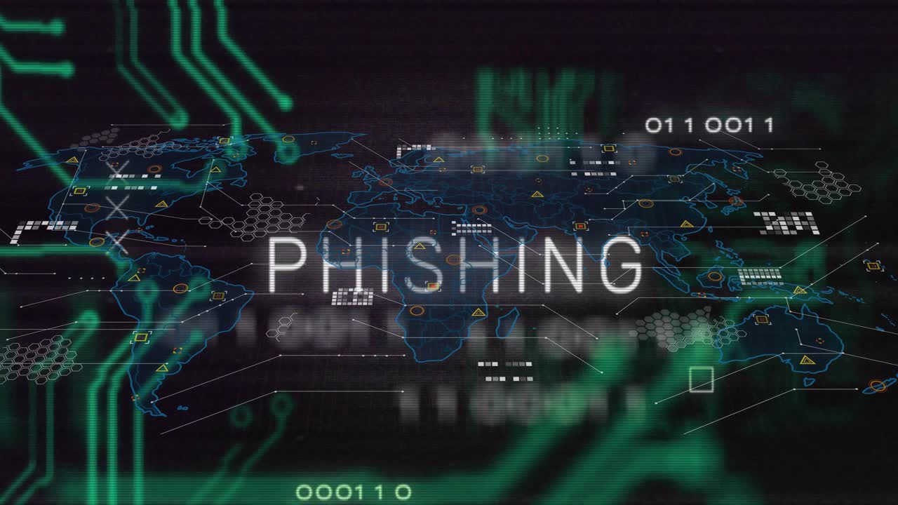 Animação de texto de phishing sobre placa-mãe, telas de interface e processamento de dados em preto