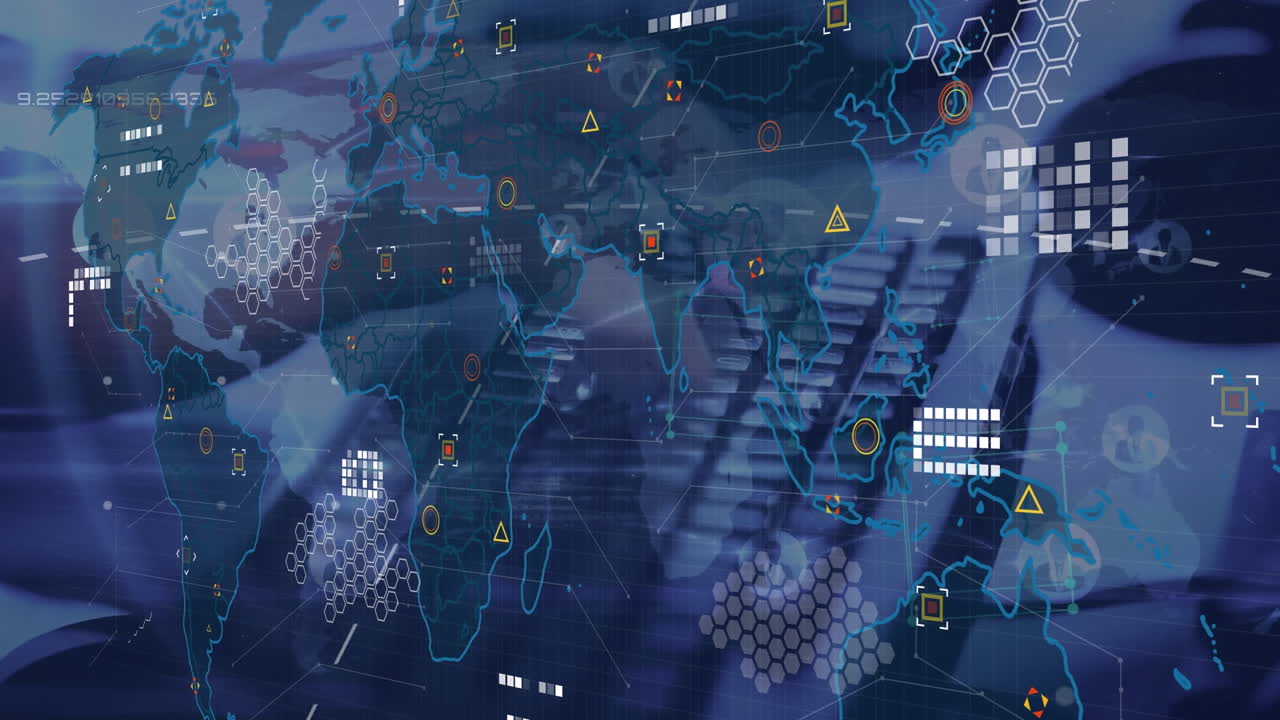 Animation of data processing and world map over hands using computer