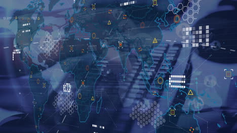 animation of data processing and world map over hands using computer