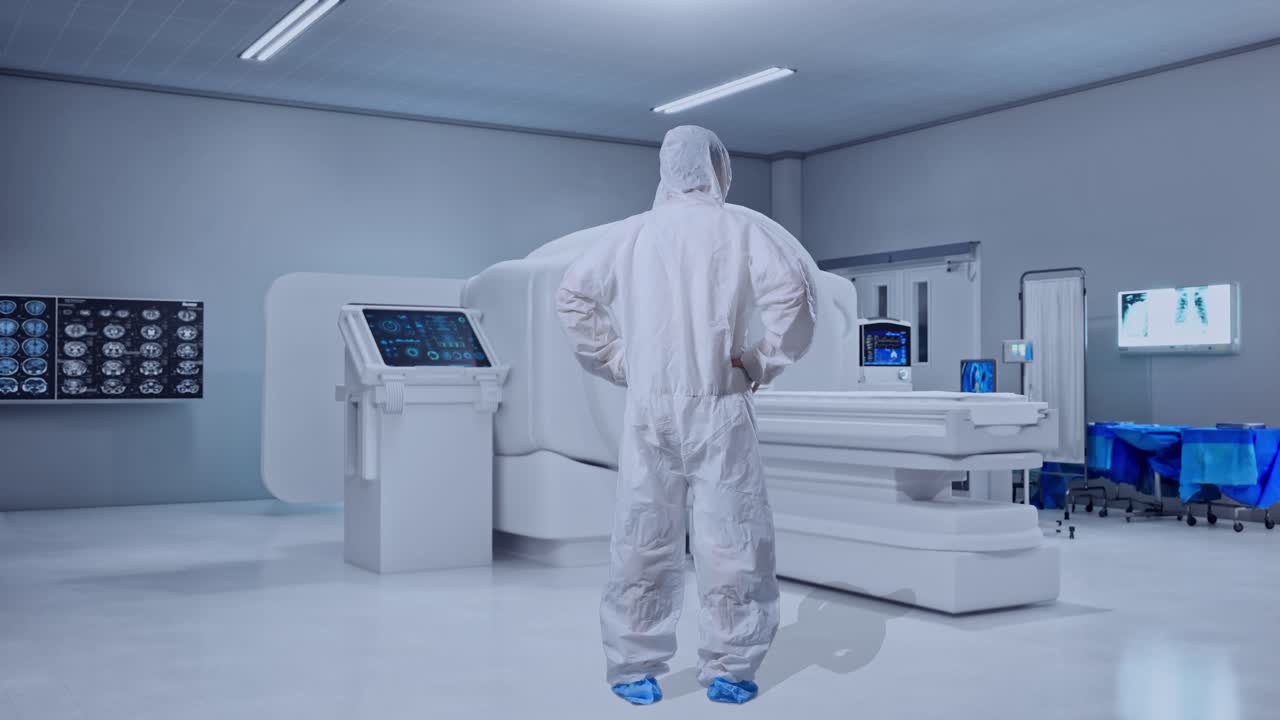 Full Body Back View Of Asian Male Scientist Putting Hands On His Hip And Looking Around With MRI Machine In The Hospital