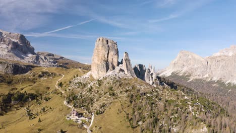 cinque torri rock formation in italian dolomites on beautiful day