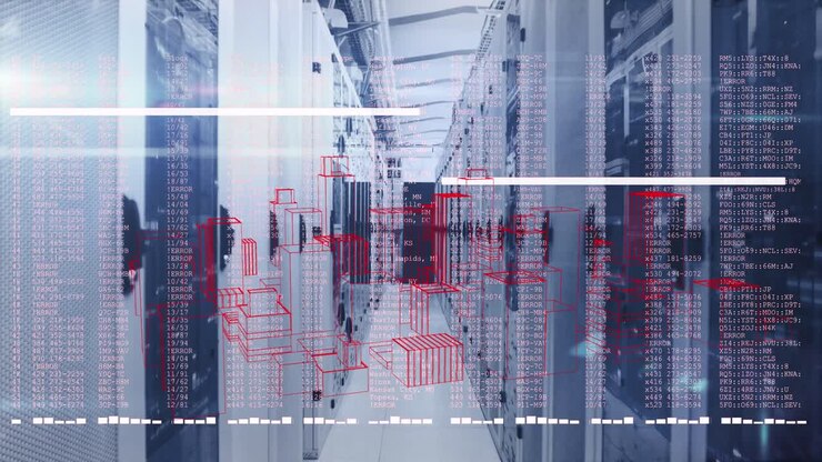 Animation of financial data processing with digital city over server room
