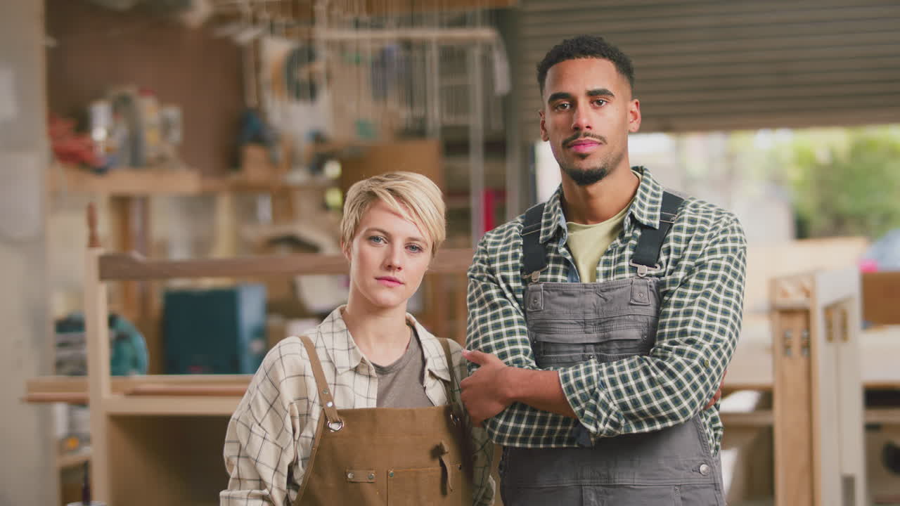 Portrait Of Serious Male And Female Apprentices Working As Carpenters In Furniture Workshop