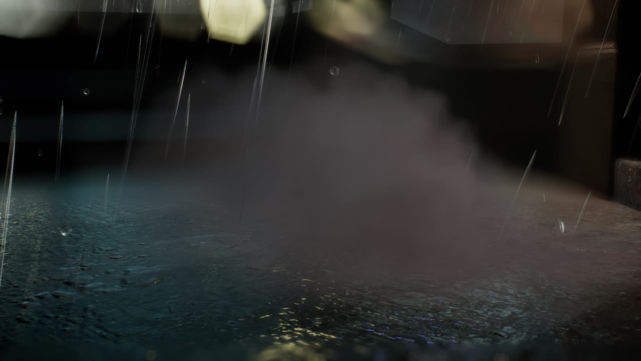 보케 조명과 함께 비가 오는 밤의 도시 장면