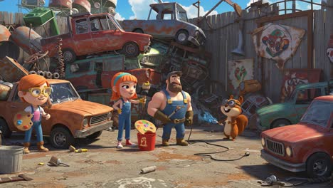 a fun day at the junkyard: animated characters explore their creativity amidst a pile of vintage cars and surprising friends in a colorful adventure