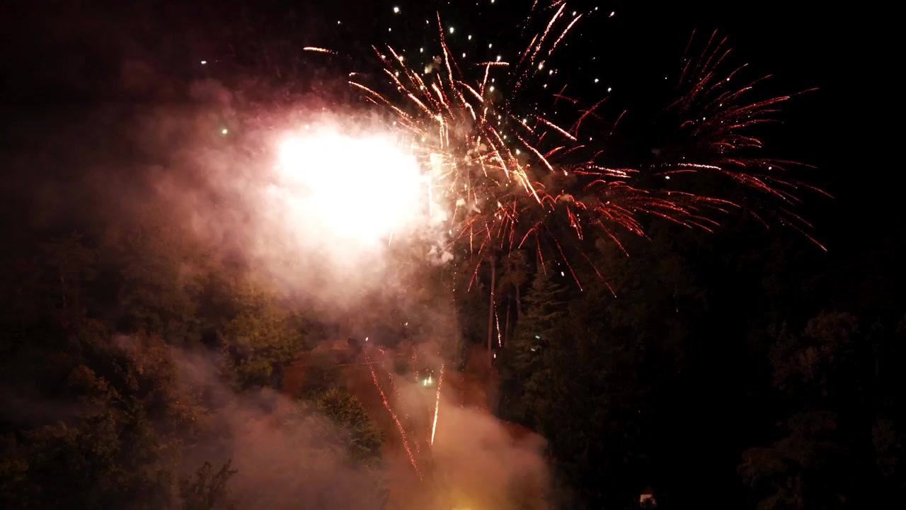 Fuochi d'artificio colorati che esplodono nel cielo notturno scuro creando brillanti giochi di luce, brillanti esplosioni di scintille rosse.
