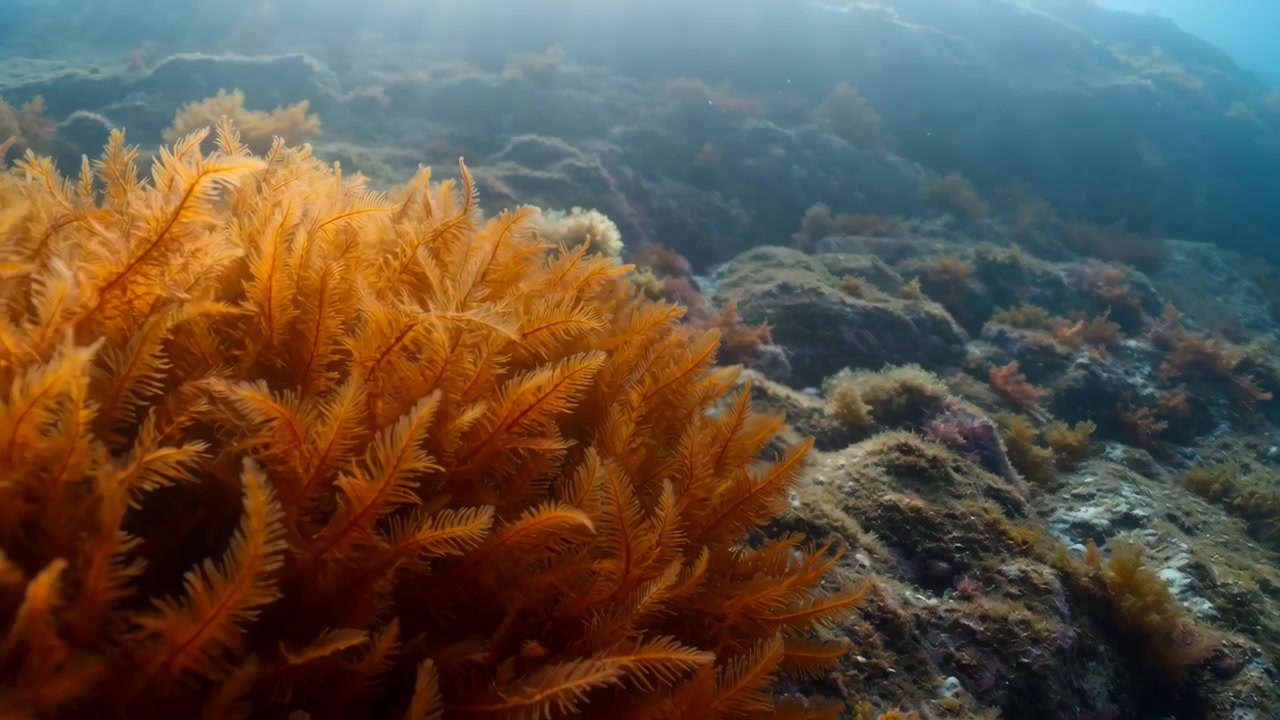 Denso grappolo di alghe arancio-marrone riempie il primo piano a sinistra con fronde piumose erette, punte sollevate e leggere separazioni che mostrano un delicato ondeggiamento galleggiante in una soffusa luce subacquea sopra un fondale roccioso