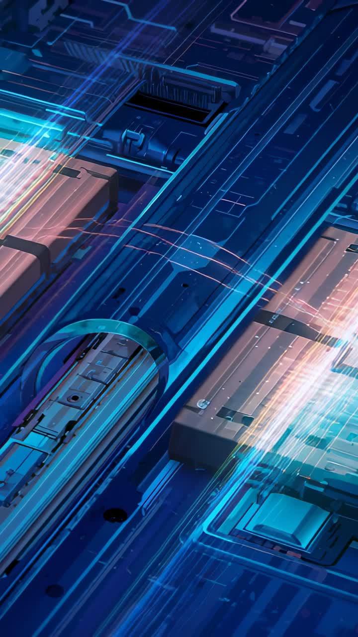Video verticale: Un nastro arancione ad arco che emerge da sinistra attraverso un pannello blu, attivando un modulo.