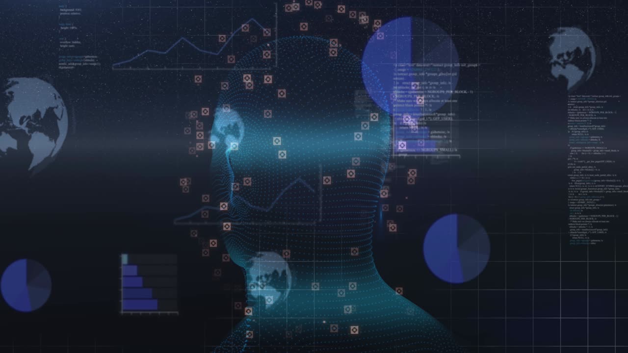 디지털 화면에서 인간의 머리의 애니메이션과 데이터 처리