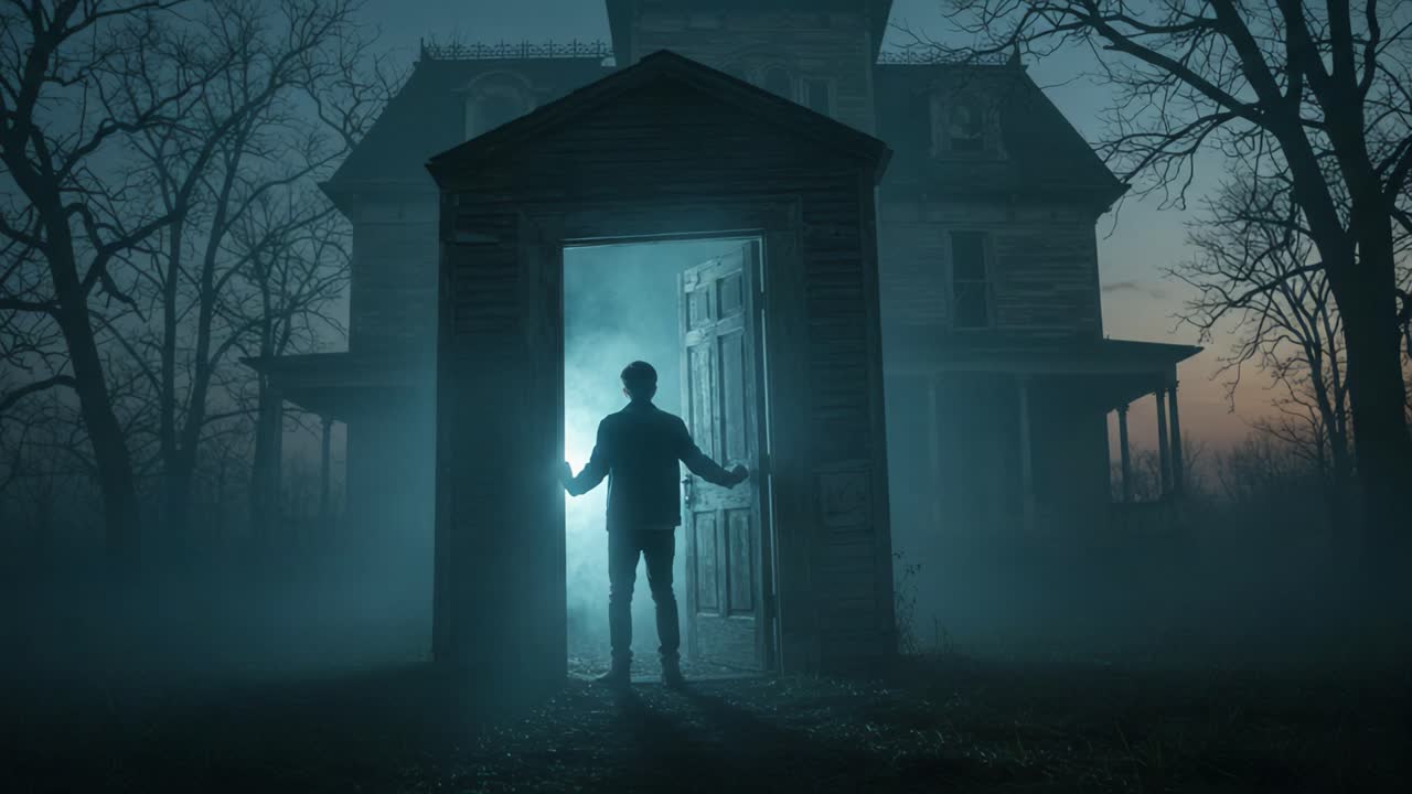 A Mysterious Encounter at Dusk: The Fearful Figure Stands Before an Eerie House as Shadows and Mist Encircle the Haunted Entrance
