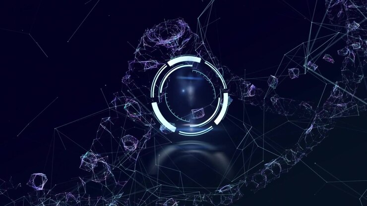 Central HUD receiving data pulse, rotating rings and pulsing core visualizing tech wireframe strand