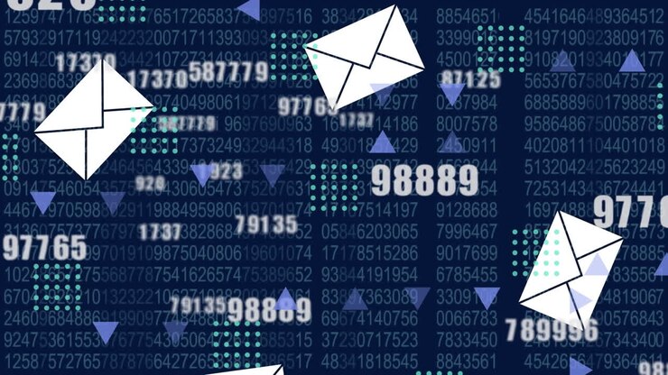 Animation of data processing and numbers over email envelope icons