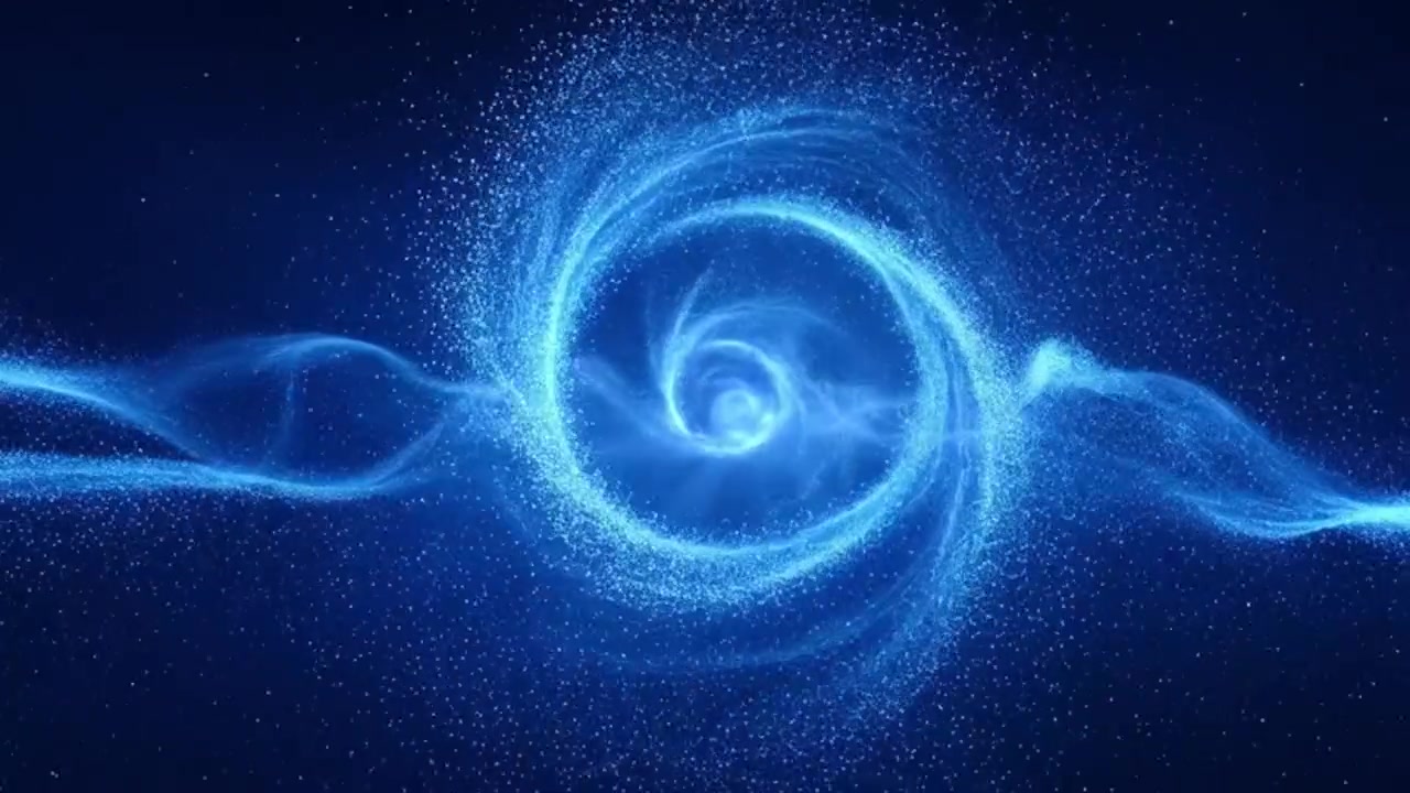 Abstracte blauwe deeltjeswerveling in de donkere ruimte