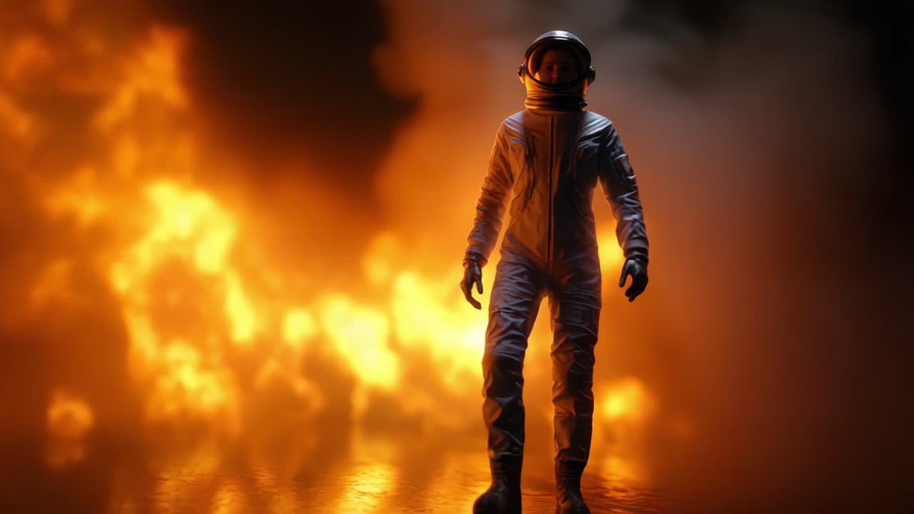 Una figura solitaria con un traje de astronauta blanco camina a través de un dramático telón de fondo de fuego, simbolizando la exploración, la resiliencia y los desafíos de aventurarse en lo desconocido