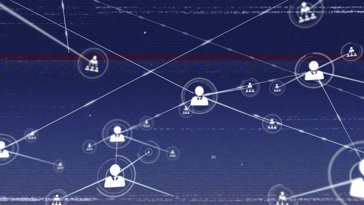 Animation of network of connections with icons over interference on blue background