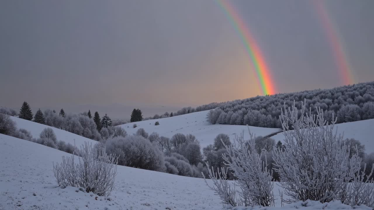 Wide-angle shot of a snowy landscape with a vibrant double rainbow