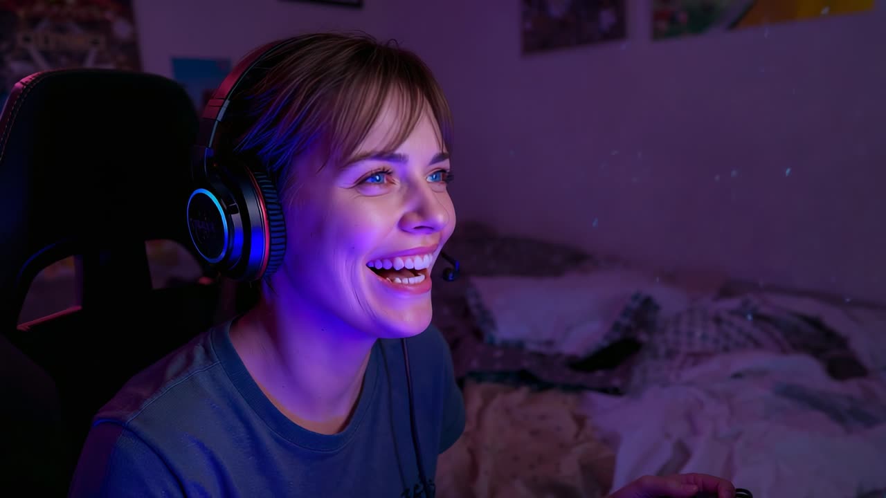 Laughing woman gamer reacting to game event on monitor in bedroom, headset and controller visible