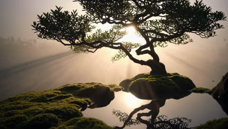 mystical bonsai tree with sun rays and reflection