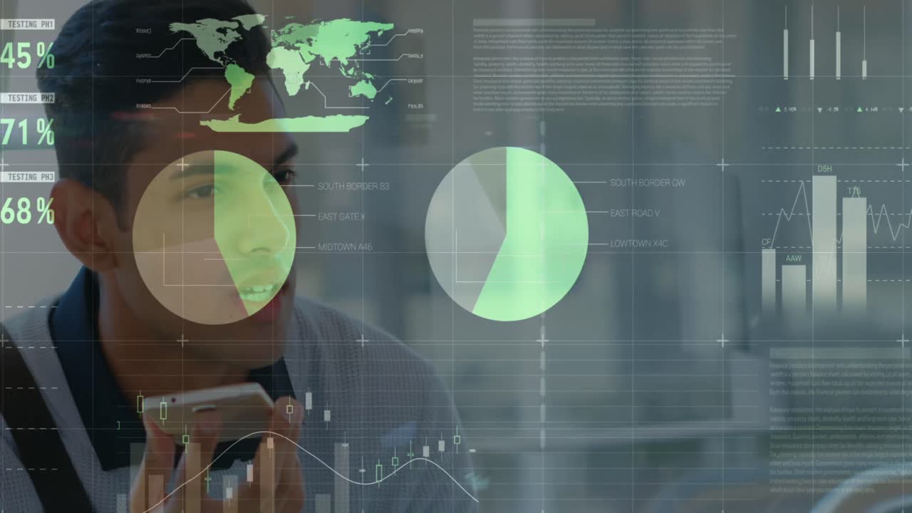 animación de datos financieros y gráficos sobre un hombre hispano feliz usando un teléfono inteligente