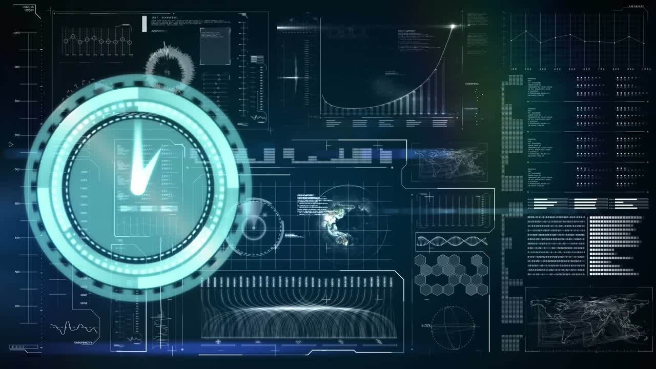 Animation of clock moving fast and data processing with globe on screen