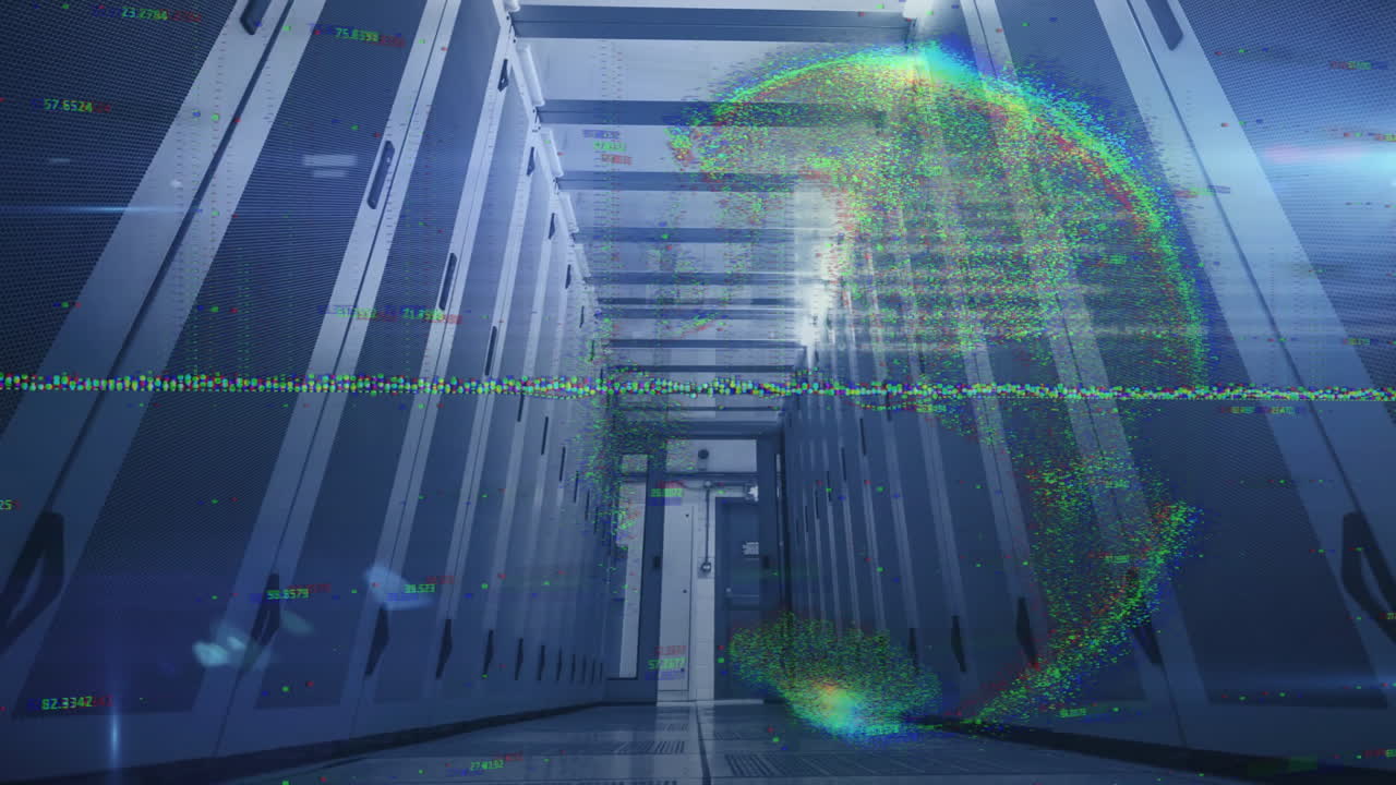 데이터 센터의 서버 랙에서 디지털 글로브 및 데이터 처리 애니메이션