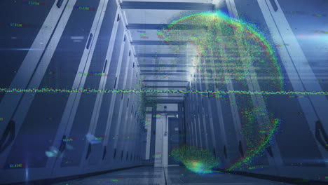 digital globe and data processing animation over server racks in data center