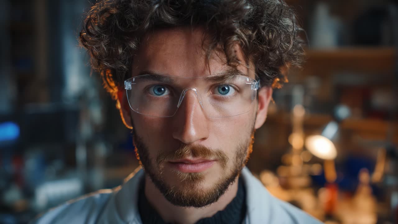 Ricercatore concentrato in ambiente di laboratorio, che indossa occhiali protettivi, che dimostra determinazione e intensa concentrazione su innovazioni ed esperimenti scientifici