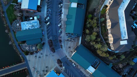 overhead drone shot of a shopping complex in bend, oregon