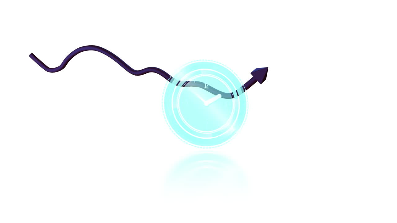 animación de reloj digital y flecha en movimiento formando gráfico sobre fondo blanco