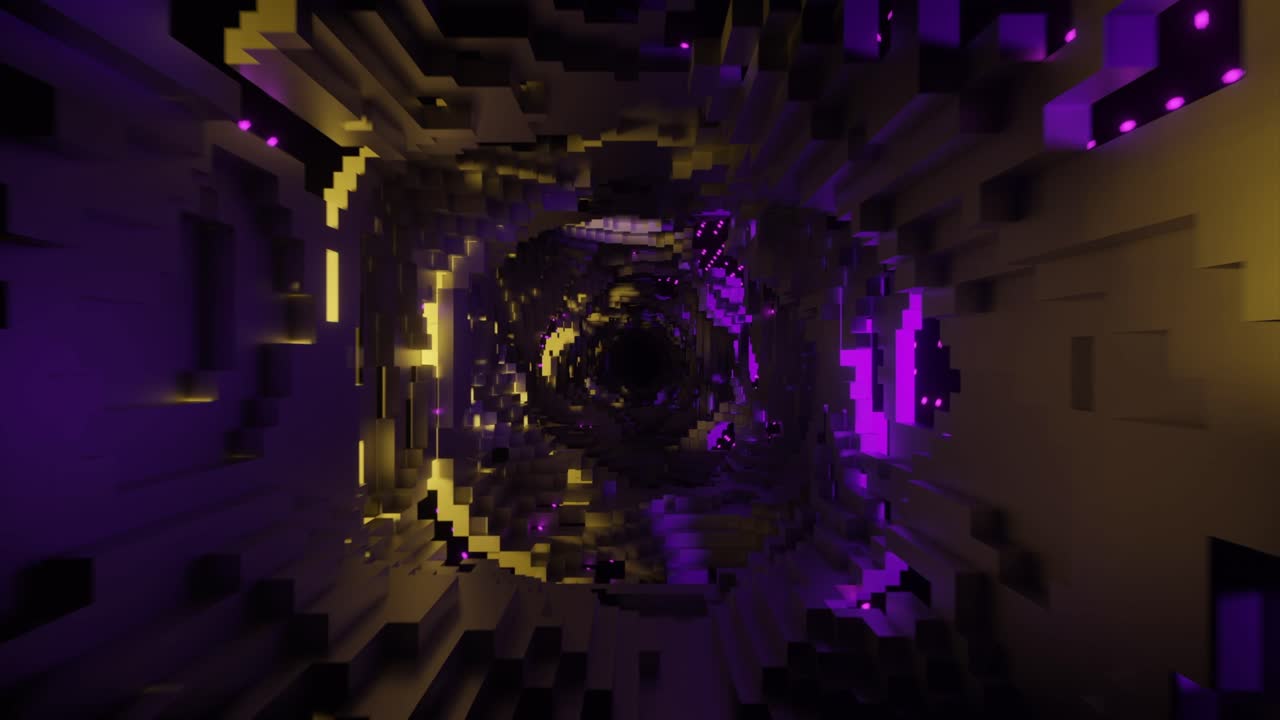 Abstract 3D Tunnel with Glowing Purple and Yellow Lights