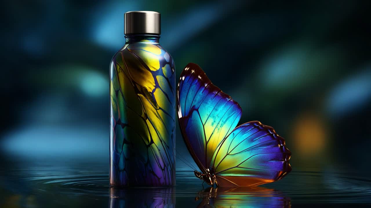 A Beautiful Symbiosis of Nature and Craftsmanship: A Colorful Butterfly and a Vividly Decorative Bottle Reflecting Light in a Dreamlike, Ethereal Background