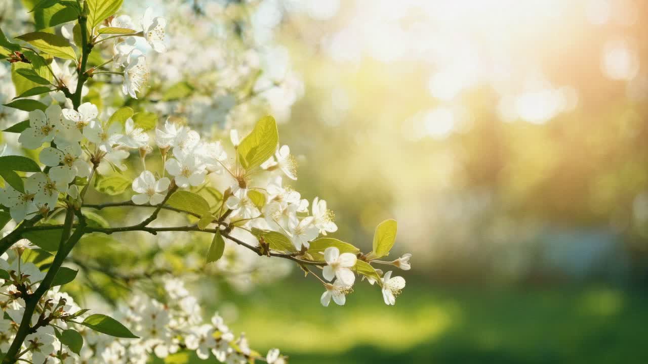 A serene close-up video of blooming white flowers with soft sunlight filtering