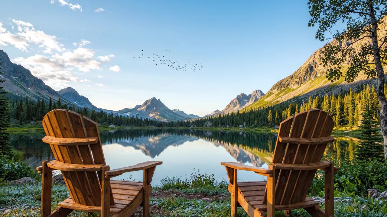 Fredfyldt søbredsscene med tilstødende Adirondack-stole, indrammet af majestætiske bjerge og reflekteret ro i klart vand.
