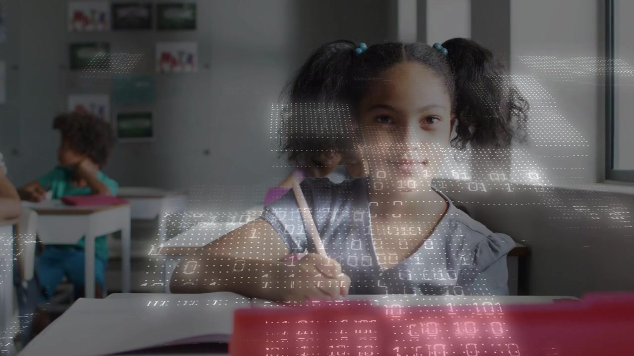 Girl writing workbook in school, pencil motion revealing dotted overlay, smiling toward teacher