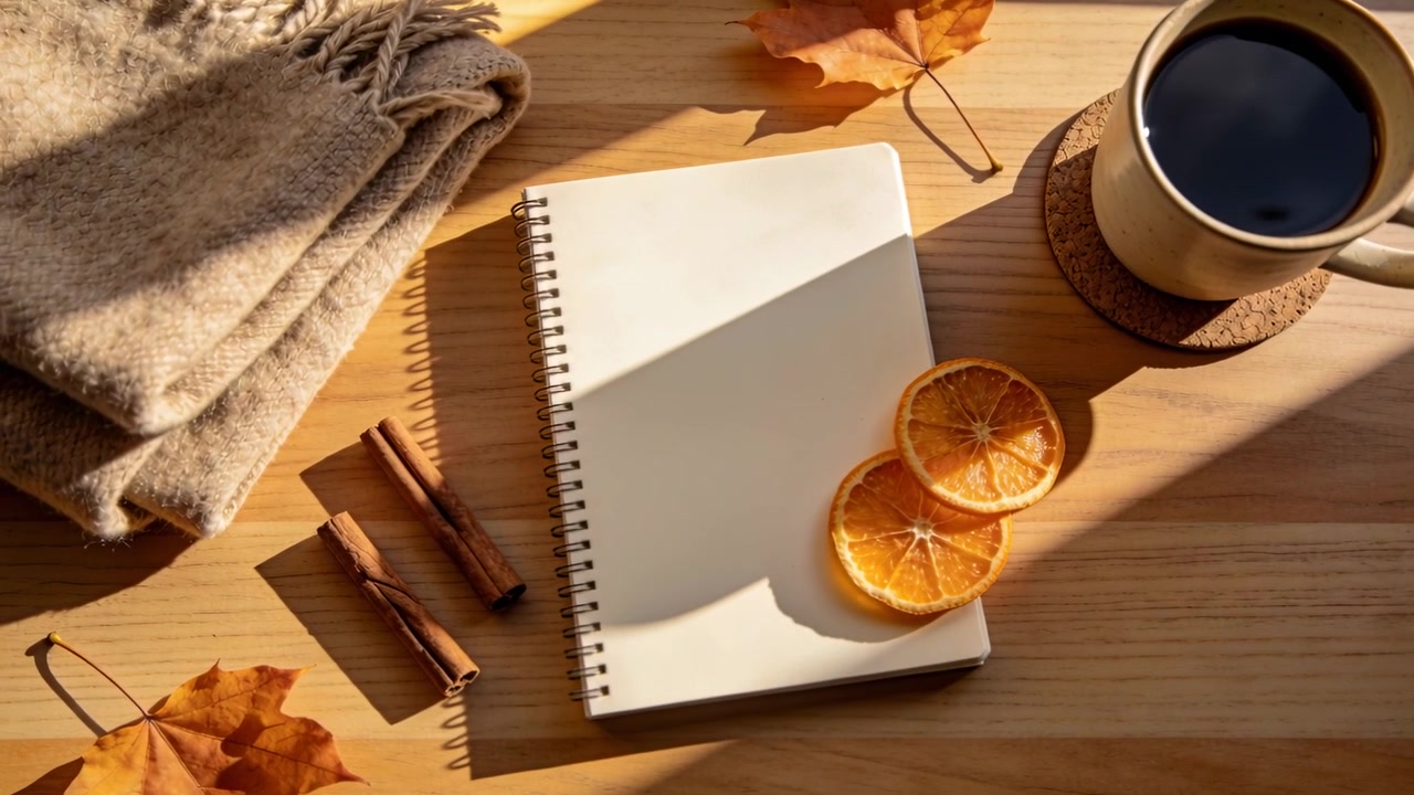 Luce solare mutevole che si muove su un quaderno a spirale su un tavolo di legno, illuminando fette d'arancia e caffè