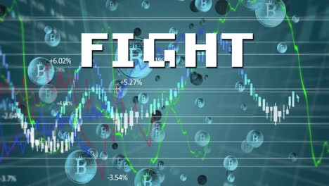animation of fight in digital abstract space with diverse data and bitcoin