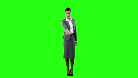 Geschäftsfrau-Gestikuliert-Vor-Grünem-Bildschirm